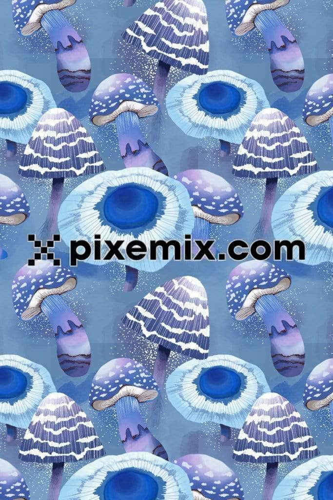 Surreal art inspried blue mushroom product graphic with seamless repeat pattern