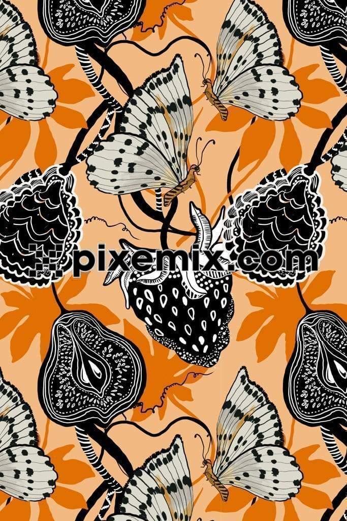Artistic fruits and butterfly product graphic with seamless repeat pattern