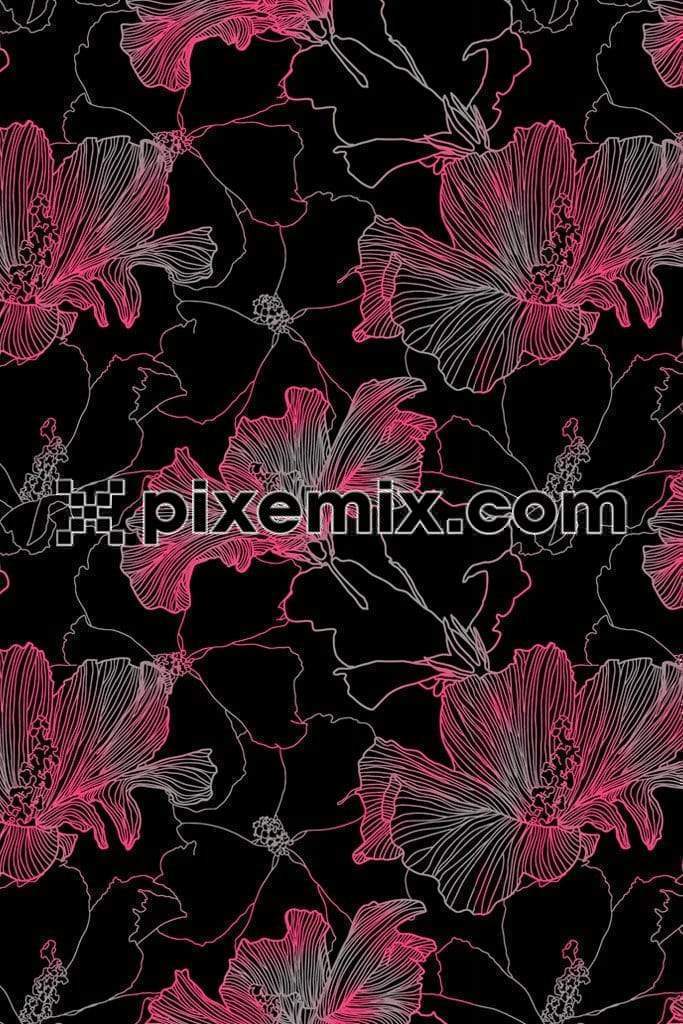 Gradients lineart florals product graphic with seamless repeat pattern