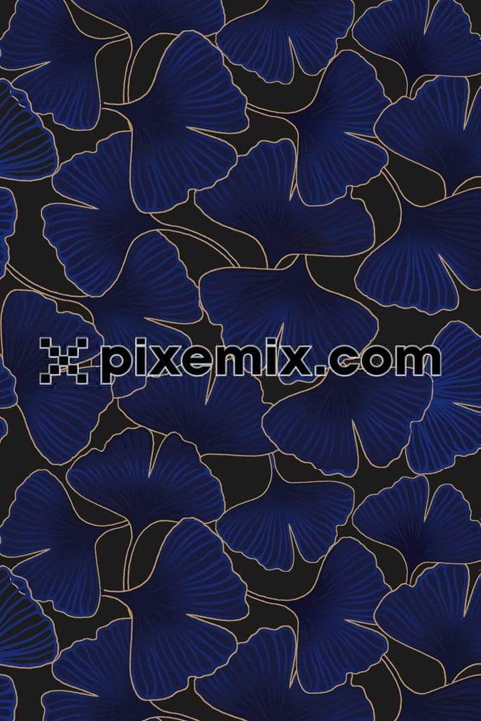 Blue ginkgo leaves and golden outline product graphic with seamless repeat pattern