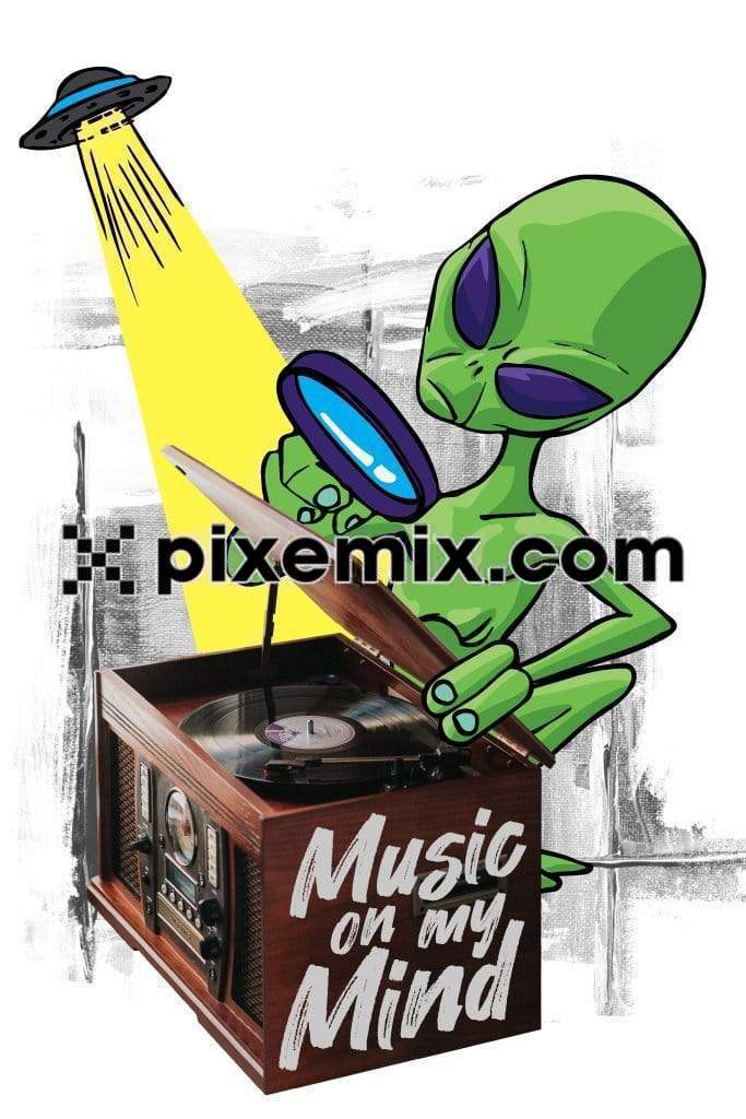 Cartoon alien inspecting gramophone photomanipulation inspired vector product graphic
