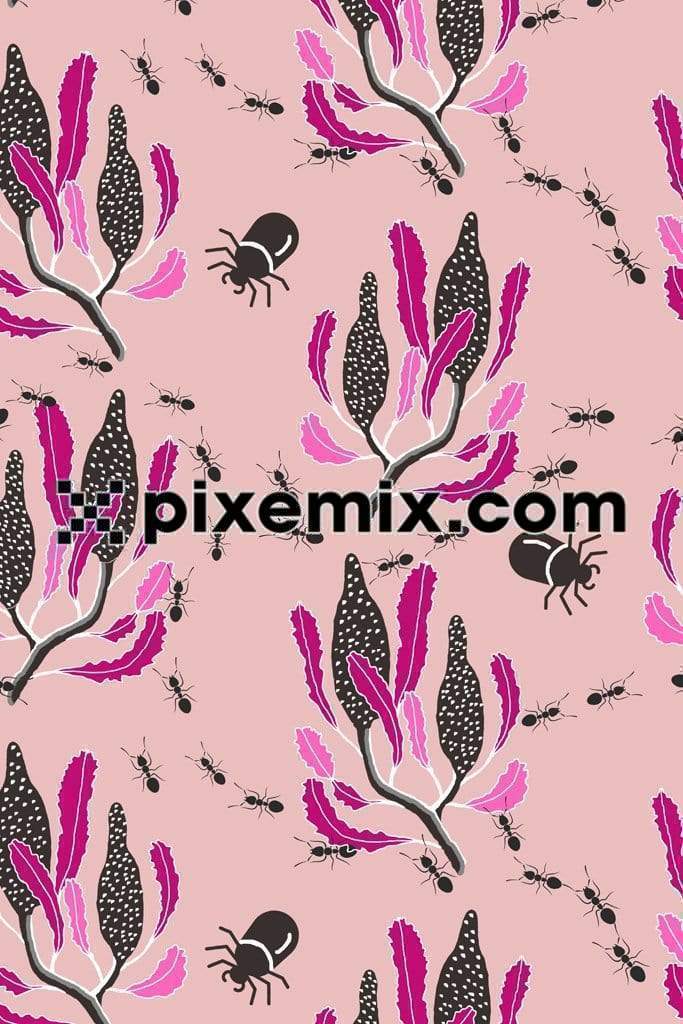 Abstract leves and insect product graphic with seamless repeat pattern