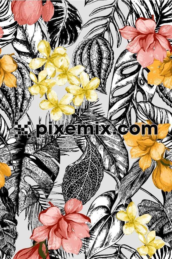 Tropical monochrome leaves with coloeful florals product graphic with seamless repeat pattern