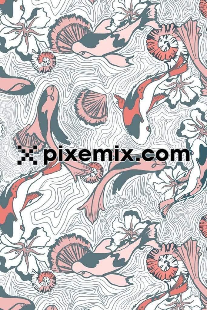 Underwater inspired liquify abstract lineart water and fish product graphic with seamless repeat pattern