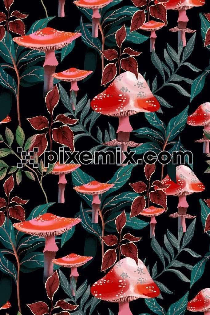 Beautiful mushroom around leaves product graphic with seamless repeat pattern