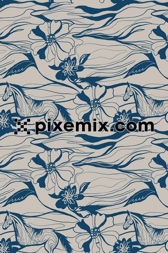 Abstract flowy liens around flower and horse product graphic with seamless repeat pattern