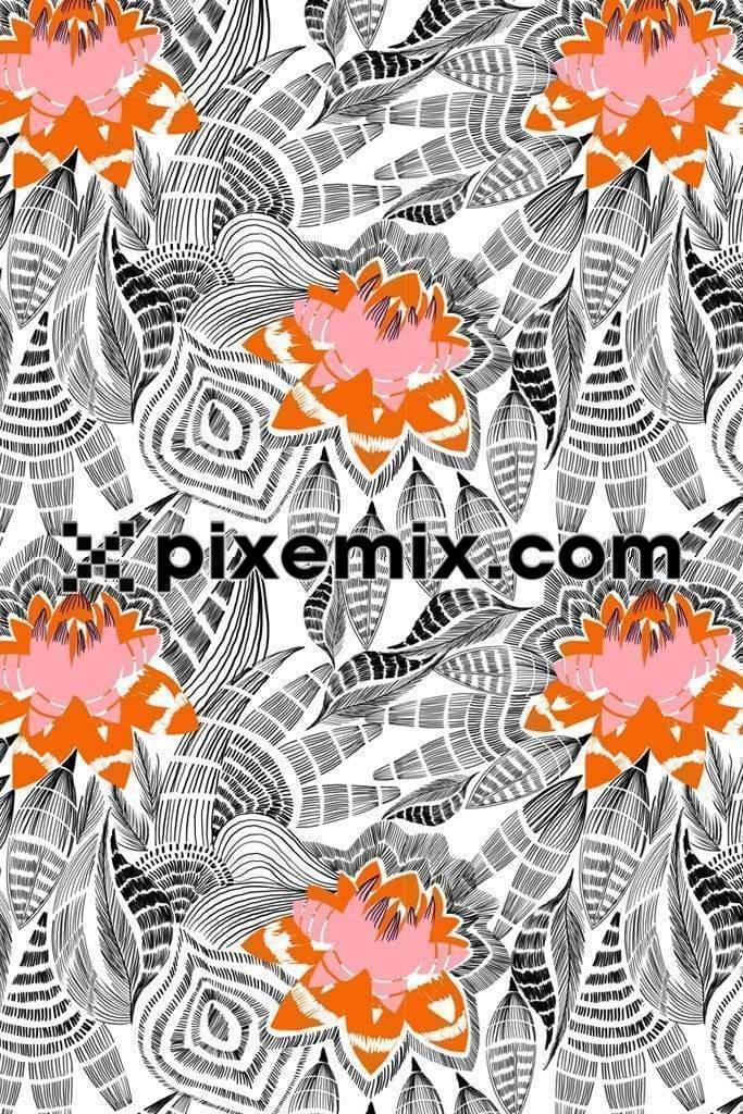 Decorative linear dot art florals and leaves product graphic with seamless repeat pattern