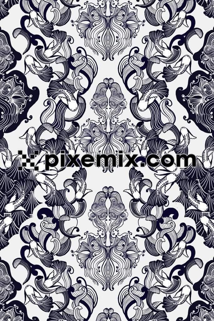 Oriental inspried line art around koi fish product graphic with seamless repeat pattern