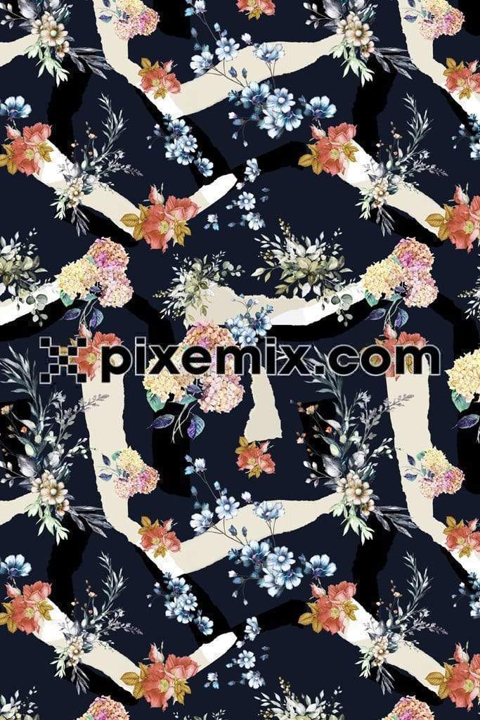 Paper tron effect collarge and florals product graphic with seamless repeat pattern