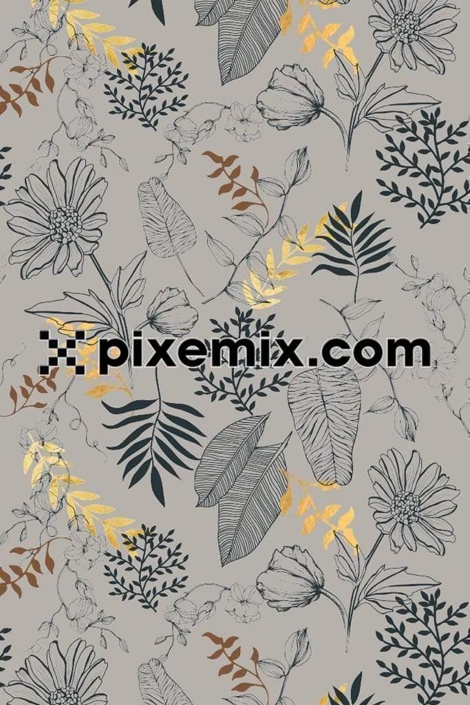 Monochrome florals & golden leaves product graphic with seamless repeat pattern