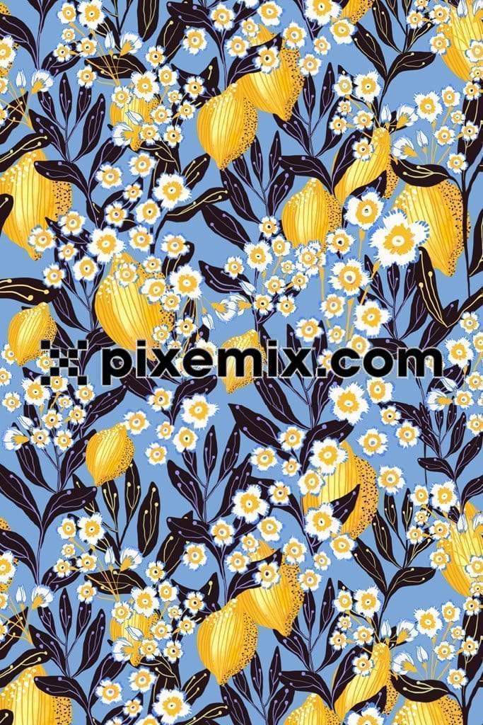 Yellow white ditsy florals & lemons product graphic with seamless repeat pattern 