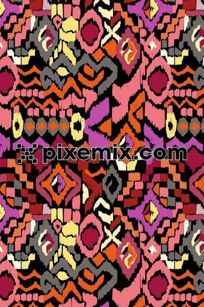 Ikkat inspired colorful abstract product graphic with seamless repeat pattern 