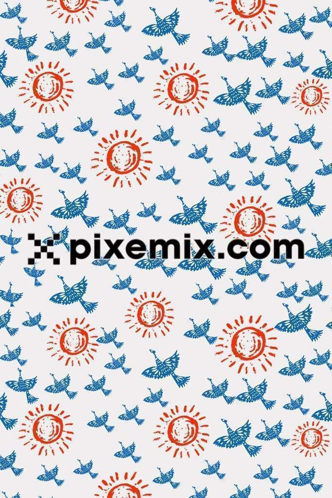 Cute sun & flying bird doodle art product graphic with seamless repeat pattern