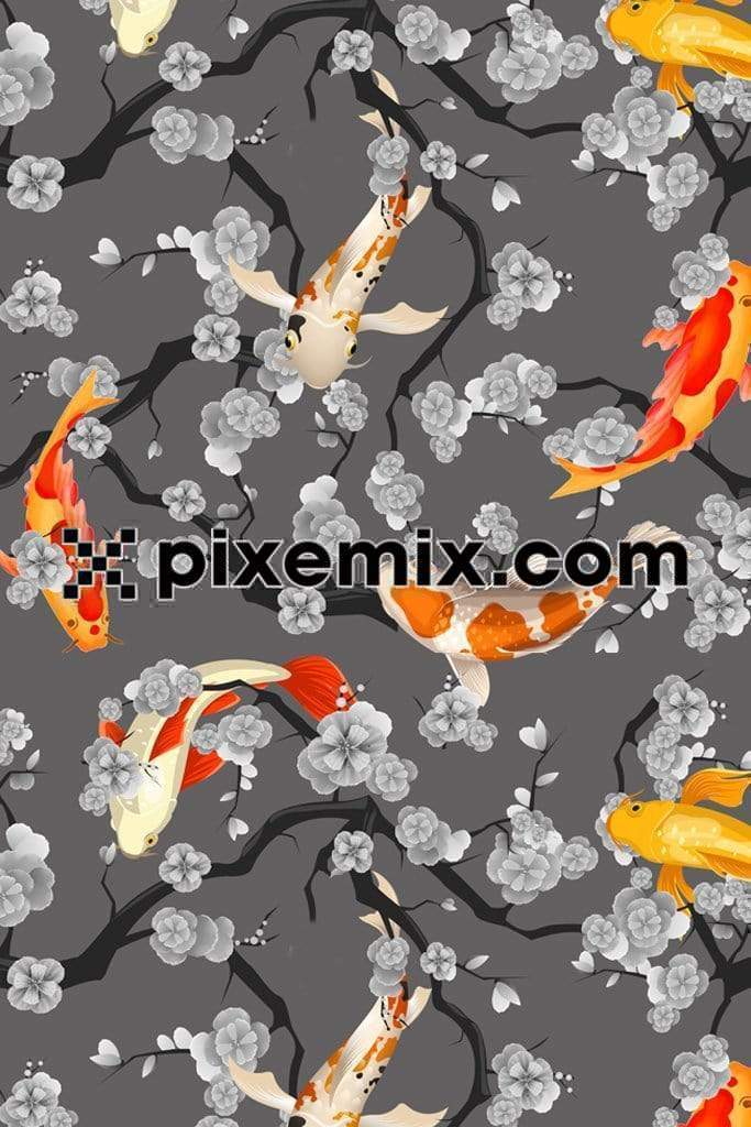 Japanese koi fish around monochrome florals product graphic with seamless repeat pattern