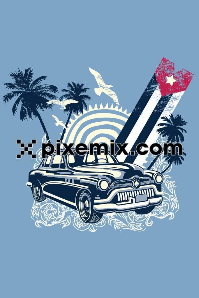 Tropical inspired vintage car around palm tree, sun & lineart product graphic 
