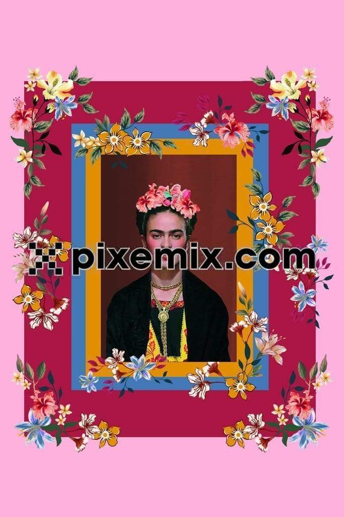 Frida kahlo portrait with rectangular floral photo frame product graphic