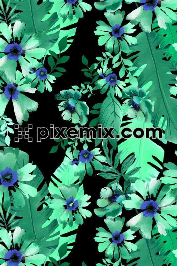 Tropical green leaves & florals product graphic with seamless repeat pattern