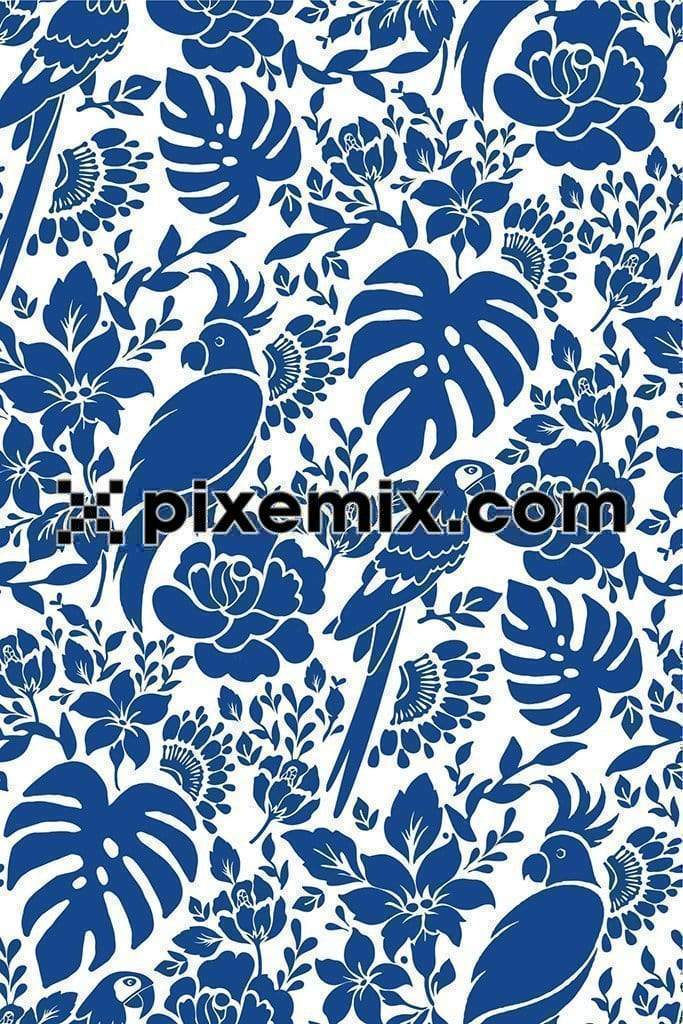 Tropical birds & leaves product graphic with seamless repeat pattern