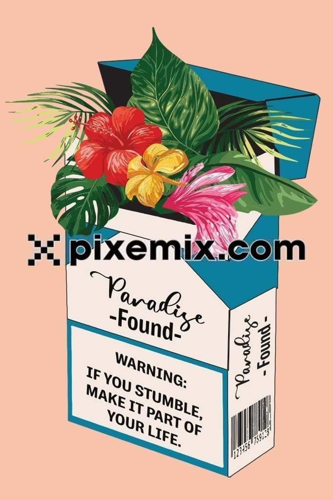 Tropical florals coming out from cigarette packet with typography product graphic