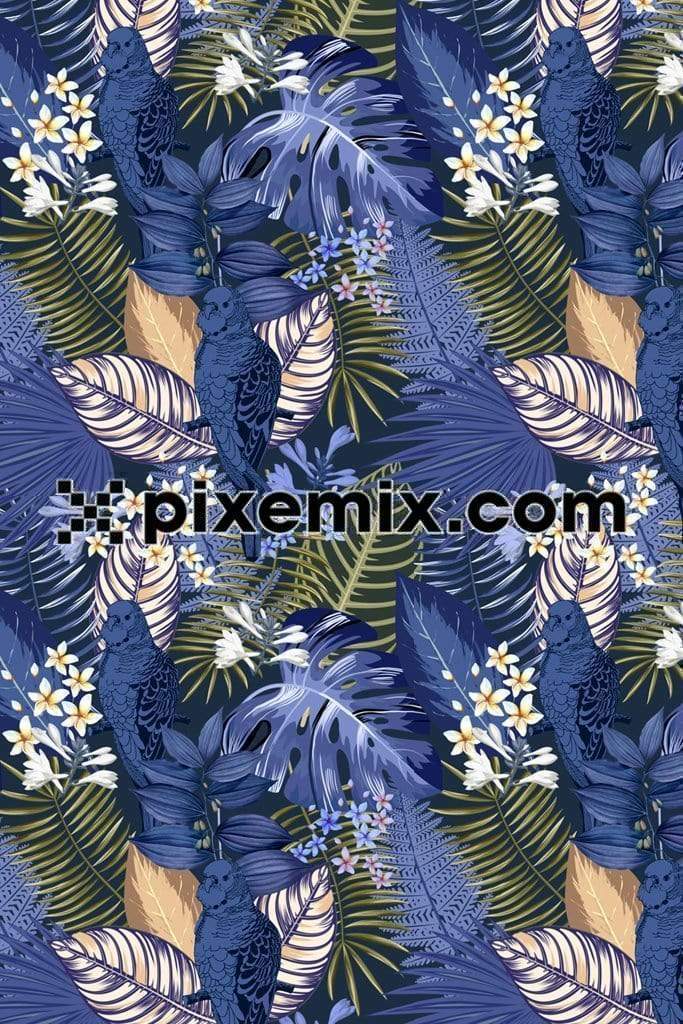Parrot camouflaged around tropical floral & leaves product graphic with seamless repeat pattern
