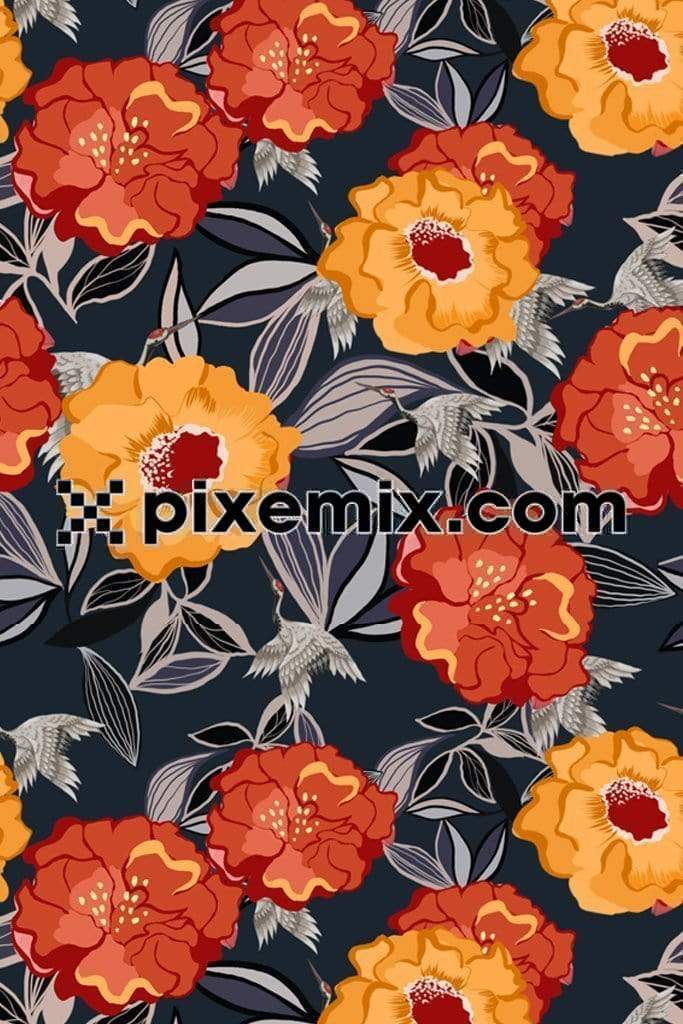 Flying crane camouflaged around botanical florals product graphic with seamless repeat pattern