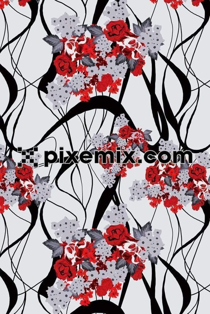 Abstract curvy lines around floral bunch product graphic with seamless repeat pattern