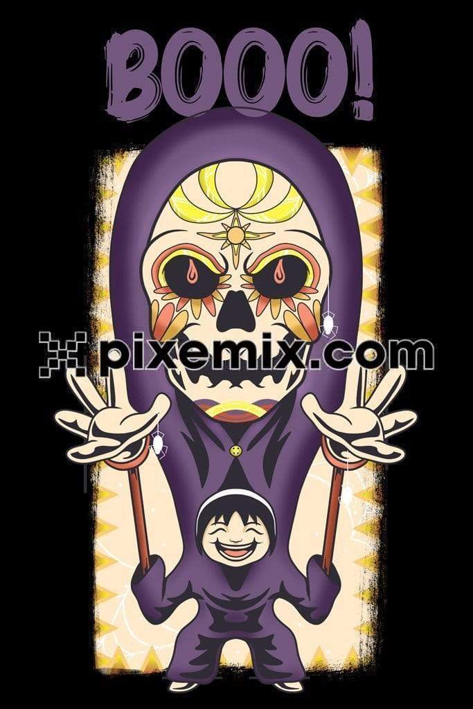 Halloween inspired cartoon kid in ghost costume quirky product graphic
