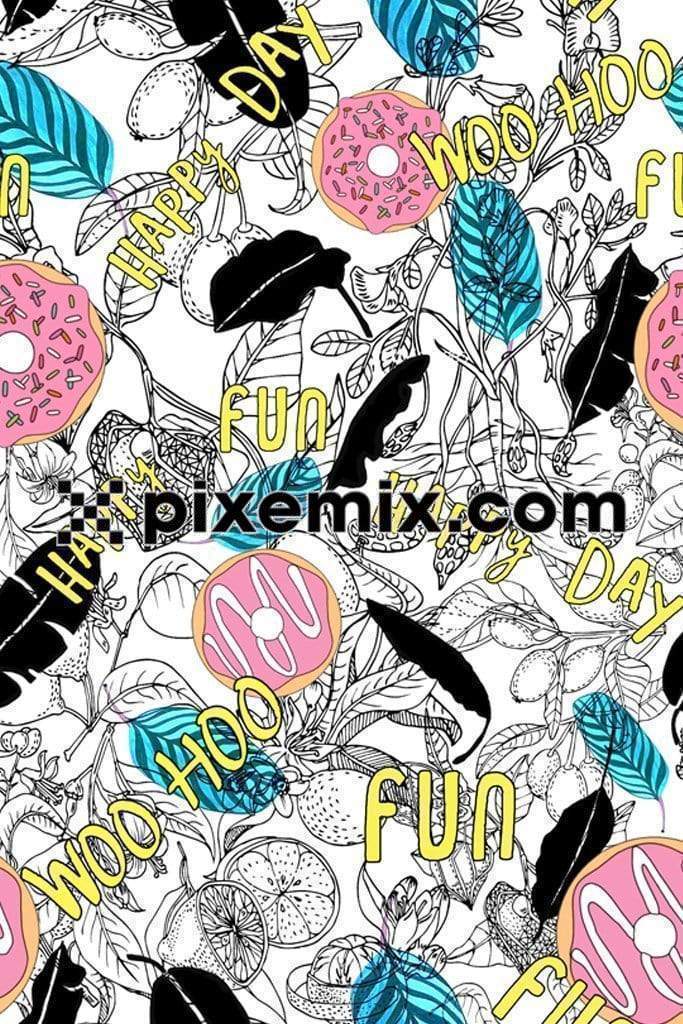 Fruits & doughnut fun doodle art product graphic with seamless repeat pattern & typography
