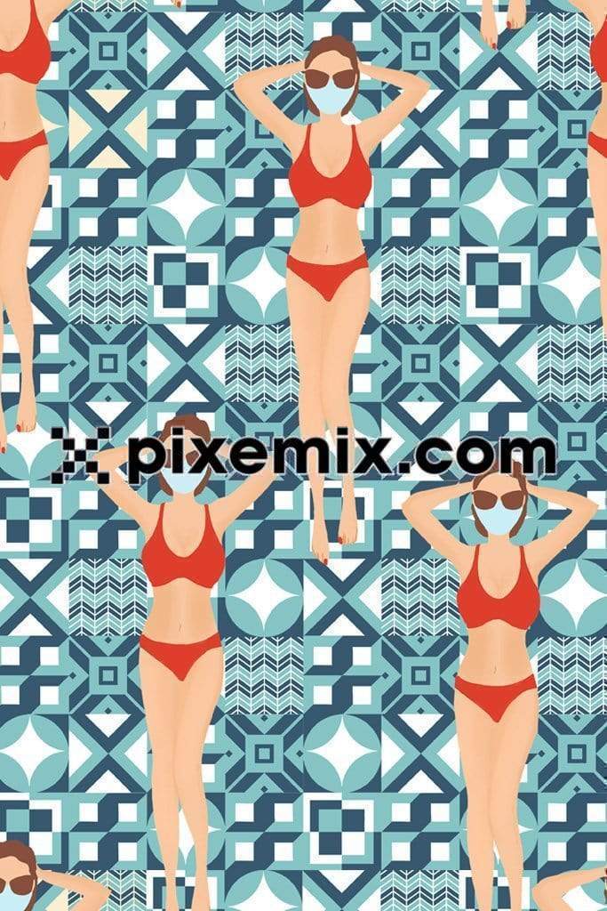 Girl in swimsuit lying on geometric tiles pattern illustration product graphic with seamless repeat pattern 