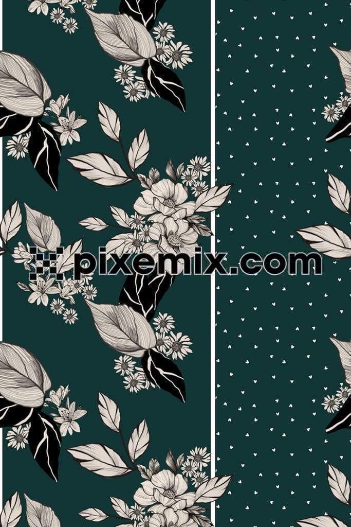 Mix & match half & half floral illustration product graphic with seamless repeat pattern 