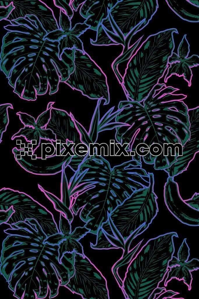 Gradient outlines around tropical leaves art product graphic with seamless repeat pattern 