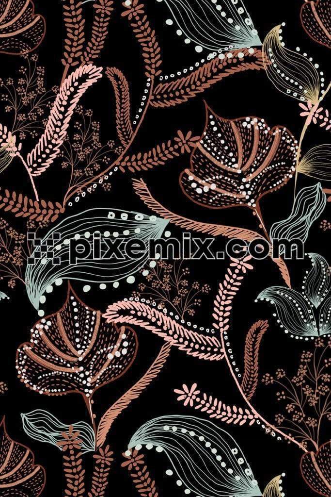 Tribal line art inspired leaves product graphic with seamless repeat pattern 