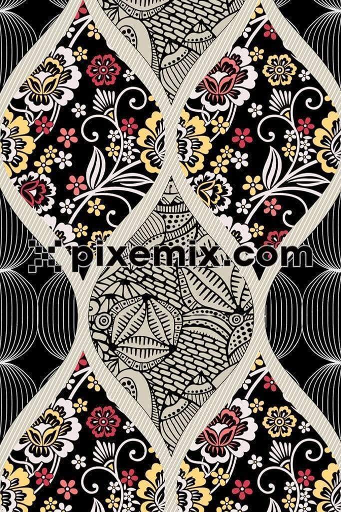 Decorative net shape mix & match floral art product graphic with seamless repeat pattern 