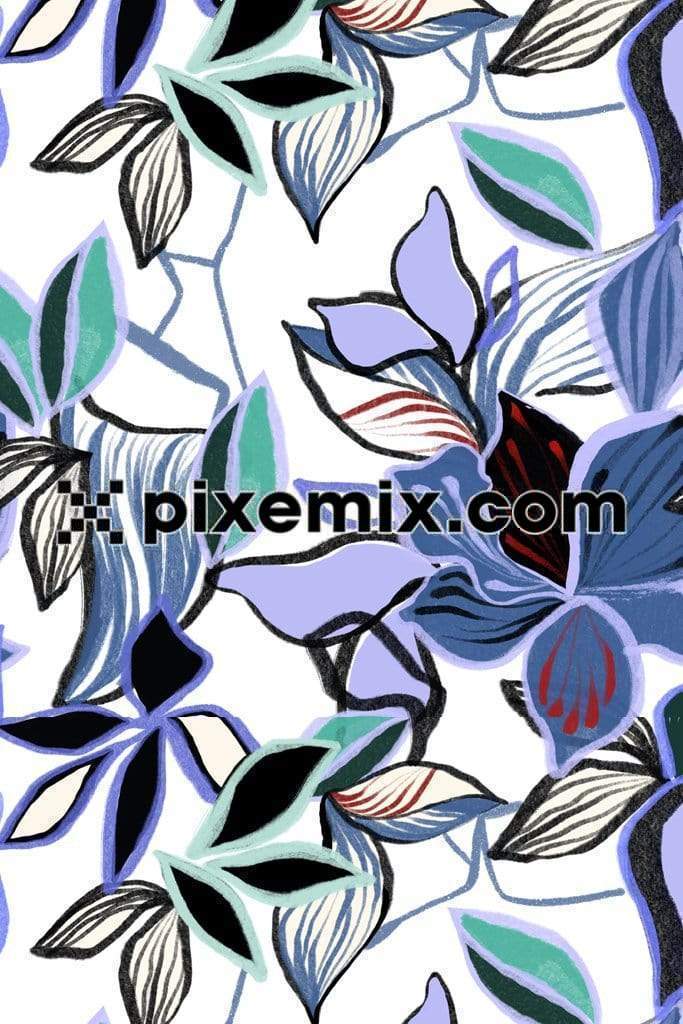 Brushed art floral & leaves product graphic with seamless repeat pattern