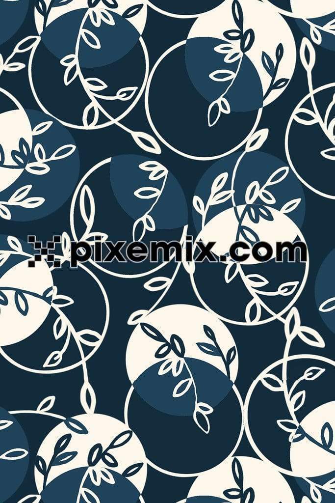 Abstract negative & postive leaves art around circles product graphic with seamless repeat pattern 