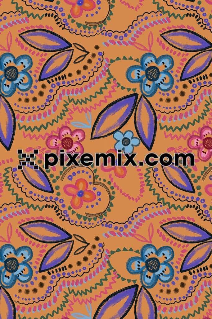 Artistic brushed floral art product graphic with seamless repeat pattern 