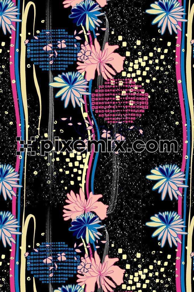 Abstract & modern floral art product graphic with seamless repeat pattern & flowy vertical lines