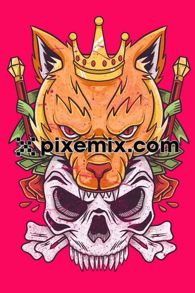 King wolf & skull cartoon art illustration product graphic with distress effect