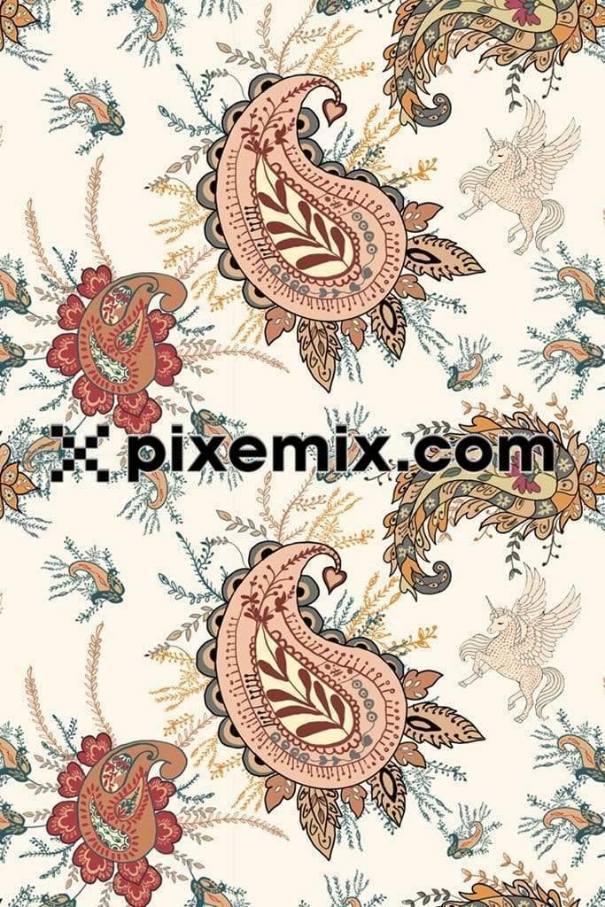 Ornated paisley art product graphic with seamless repeat pattern 