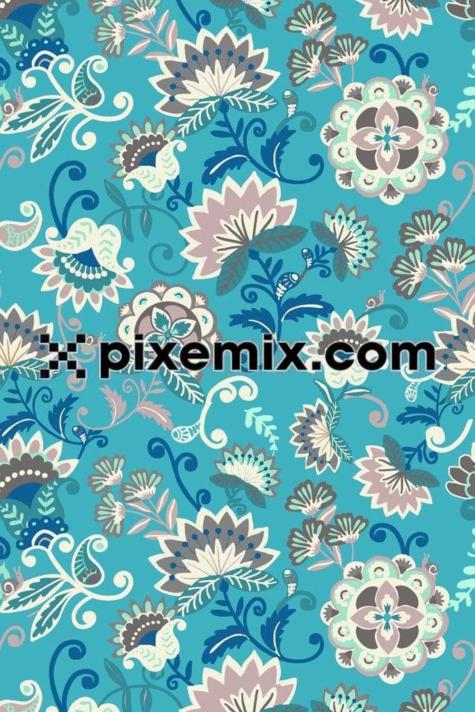 Artistic traditional floral art product graphic with seamless repeat pattern 