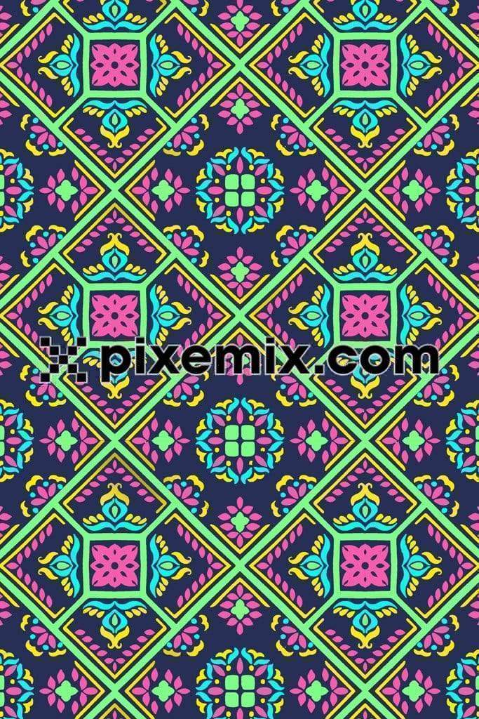 Geometric colorful floral tiles pattern product graphic with seamless repeat pattern 