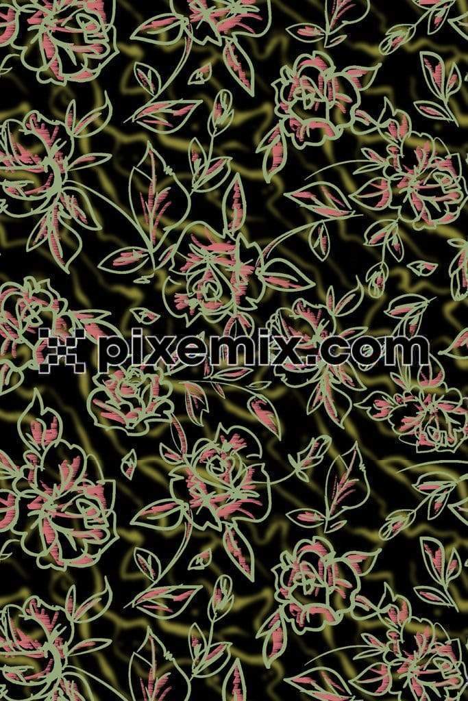 Double exposure floral lineart product graphic with seamless repeat pattern 