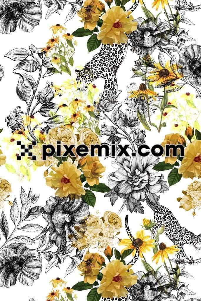 Leopard & mix media floral art product graphic with seamless repeat pattern 