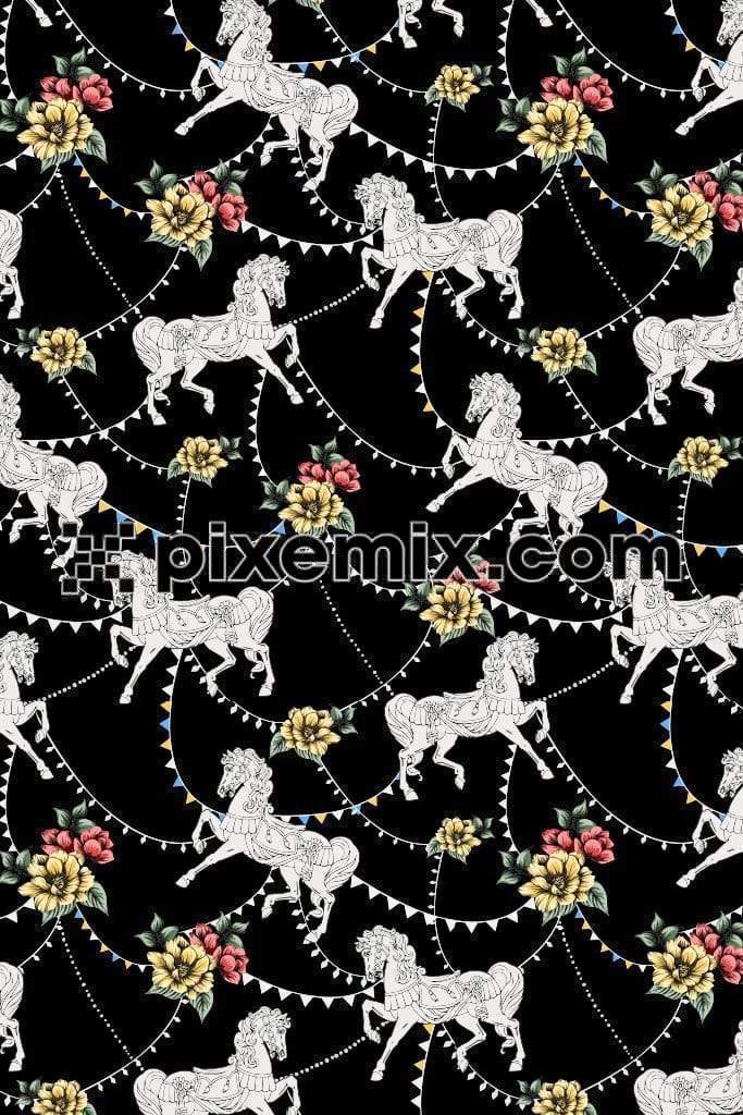 Decorative horse art around florals product graphic with seamless repeat pattern 