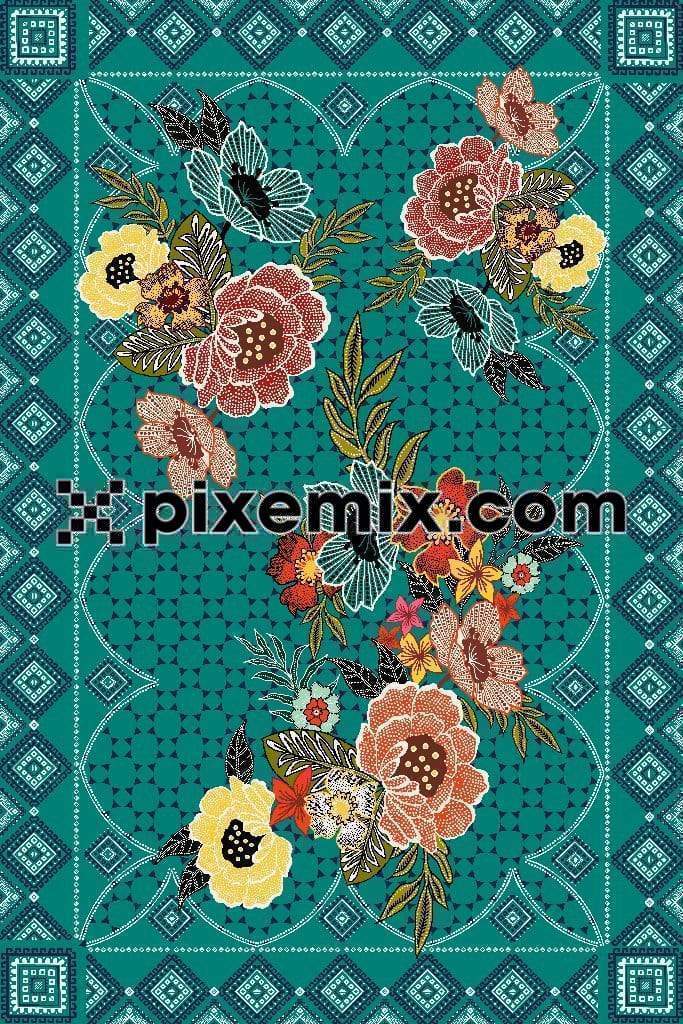 Decorative florals on traditional frame art product graphic with seamless repeat pattern 