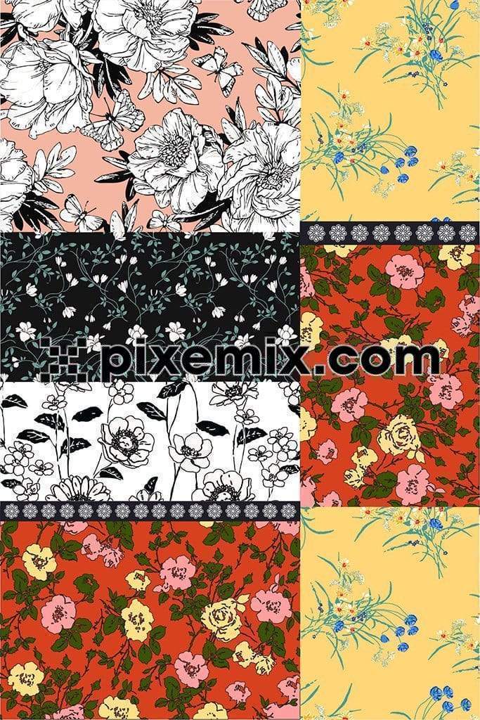 Mix media colorblock floral art product graphic with seamless repeat pattern 