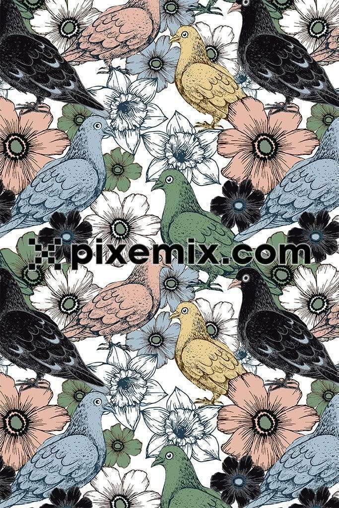 Pigeons surrounded with doodled flowers product graphic with seamless repeat pattern