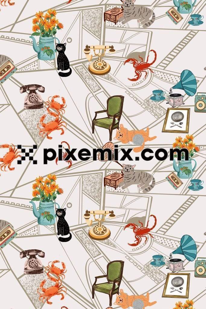 Vintage inspired collage with vintage elements, animals,and insects product graphic with seamless repeat pattern