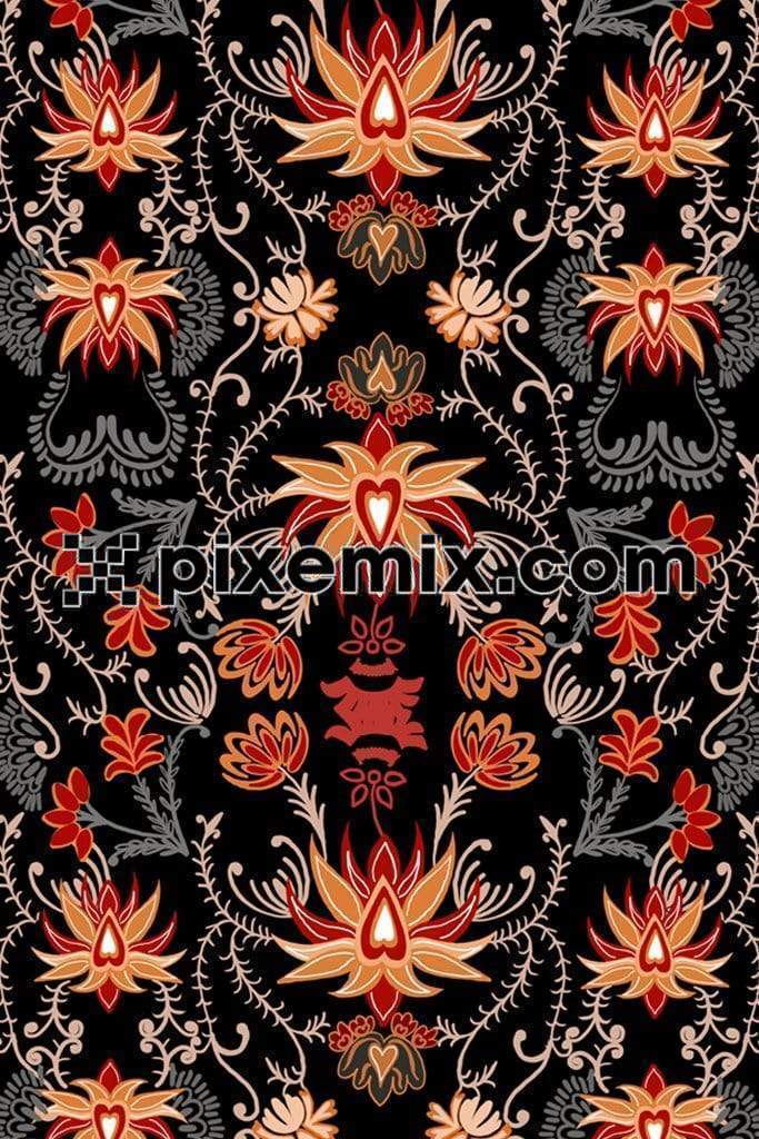 Paisley inspired botanical flowers product graphic with seamless repeat pattern