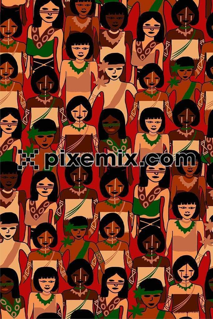 Cartoon inspired tribal people product graphic with seamless repeat pattern